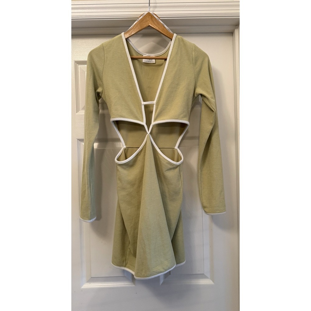 Sabo Mini Dress Womens Size M Sage Green Long Sleeve Cut Out Ribbed V-Neck